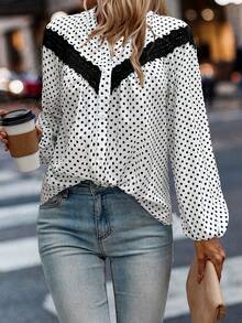Weeklong Kemeja Kasual Wanita Ukuran Besar Motif Polka Dot Patchwork Renda Bunga Blok Warna - Hitam dan Putih - View 1