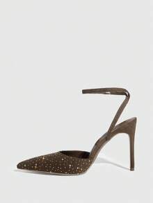 CUCCOO SZL Champagne Satin Color Block Rhinestone Embellished Pointed Toe Stiletto Hollow Out Formal Pumps