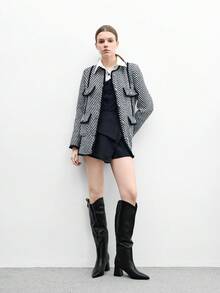 CUCCOO BIZCHIC 女士时尚黑色尖头粗高跟一脚蹬及膝靴，通勤、日常穿着、购物、派对、秋冬皆宜 - 黑色 - 查看 9