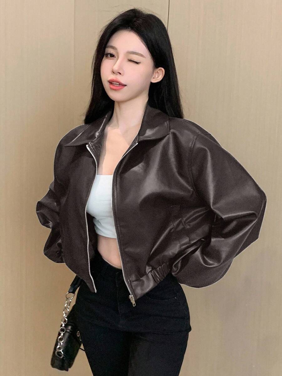 DAZY 女士宽松休闲户外街头风棕色PU皮夹克，秋冬季时尚百搭 - 巧克力棕 - 查看 1