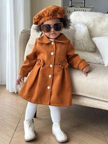 SHEIN 1pc Baby Girls Autumn/Winter New Cute Peter Pan Collar Loose Fit Long Sleeve Front Bow Cardigan Coat + Beret Hat Set, Elegant And Versatile - Coffee Brown - View 1