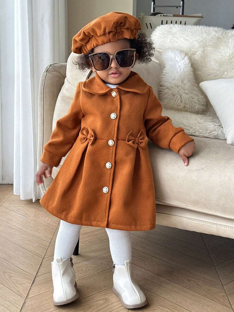 SHEIN 1pc Baby Girls Autumn/Winter New Cute Peter Pan Collar Loose Fit Long Sleeve Front Bow Cardigan Coat + Beret Hat Set, Elegant And Versatile - Coffee Brown - View 1