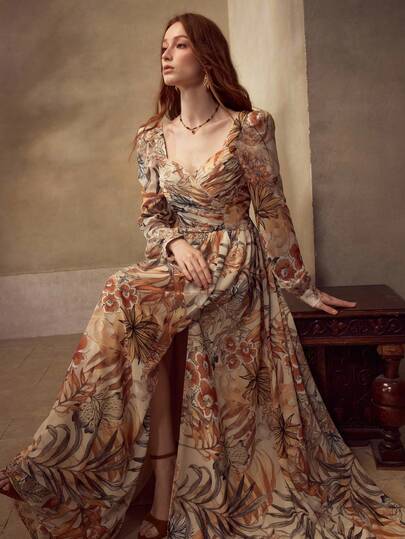 MOTF Soiréza VESTIDO DE FESTA DE CHIFFON COM DECOTE DE DIAMANTES, MANGA LANTERNA LONGA, LONGITUDE, SILHUETA AJUSTADA PARA PRIMAVERA/OUTONO