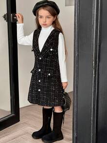 SHEIN Elladie kids 2 件套年轻女孩罗纹立领长袖 T 恤和连衣裙套装，优雅时尚，适合工作，春秋季 - 黑色 - 查看 4