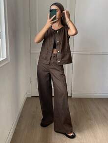 DAZY 女士圆领开衫和阔腿牛仔裤休闲套装 Y2k - 咖啡棕 - 查看 3