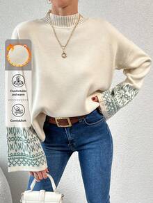 EURMUSE Geometric Pattern Drop Shoulder Pullover Sweater - Beige - View 1