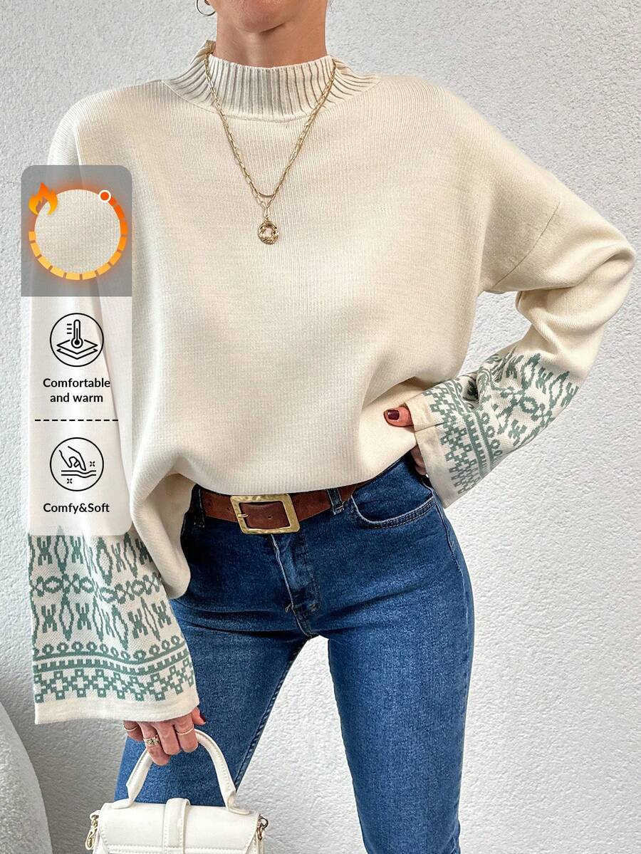 EURMUSE Geometric Pattern Drop Shoulder Pullover Sweater - Beige - View 1