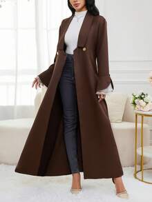 Al Najma 优雅翻领撞色袖口金属纽扣开衫 - 棕色 - 查看 4