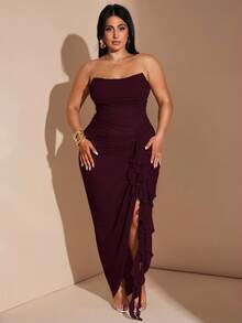 SHEIN BAE 大码女式春夏豌豆绿、绿色褶饰荷叶边下摆高开衩连衣裙、优雅度假沙滩裙、沙滩派对裙、夜间外出裙、生日裙、性感别致裙、网眼裙 - 紫紅色 - 查看 7