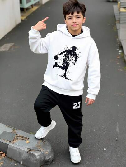 Boys' Hooded Sweatshirt With Chest Print & Letter Print Sweatpants, Soft & Comfortable Fabric, Suitable For Outdoor & Indoor Wear, Spring/Autumn