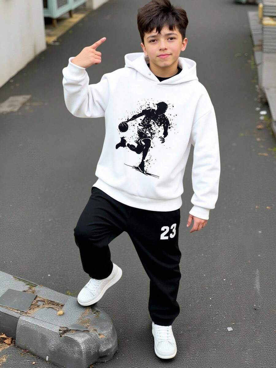 Boys' Hooded Sweatshirt With Chest Print & Letter Print Sweatpants, Soft & Comfortable Fabric, Suitable For Outdoor & Indoor Wear, Spring/Autumn - Multicolor - View 1
