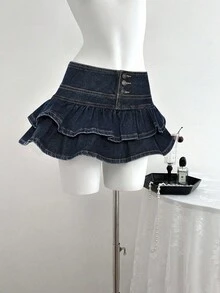 Elamini Women's Ruffle Front Button Denim Mini Skirt - Dusty Blue - View 5