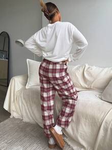 Aloruh Women's Casual Daily Home Christmas Solid Color Round Neck Long Sleeve Bow Print & Red Plaid Drawstring Pants 2-Piece Pajama Set, Autumn/Winter - Red and White - View 2