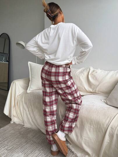 Aloruh Home Round Neck Long Sleeve Bow Print Rood Plaid Drawstring Pants Piece Pajama Set, view 2