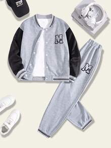 SHEIN Vacaura Tween Boy Casual Color Block Letter Print Jacket And Pants Set, Autumn - Grey - View 3