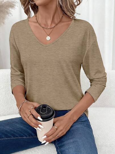 SHEIN LUNE Women's Casual Solid Color V-Neck Long Sleeve T-Shirt, Versatile Undershirt Suitable For Autumn/Winter