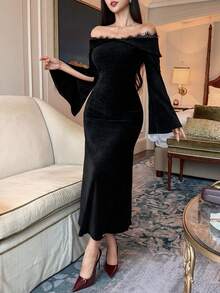 Dazy Tall Tall Women's Lace Patchwork Velvet Off Shoulder Long Sleeve Elegant Dress - Black - View 5