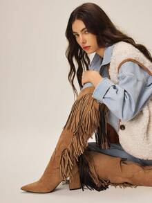 Styleloop Women's Fashionable Brown Pointed Toe Western Style Fringe Tall Boots - Brown - View 8