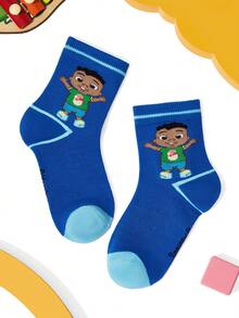 CoComelon X SHEIN 3 Pairs Boys Cotton Soft & Breathable Moisture-Wicking Kids Mid-Calf Socks Colorful Cute Cartoon Crew Socks Reinforced Toe & Heel For Durability All Seasons All-Match School & Outdoor Summer Winter,Dinosaur,Blue & White - Multicolor - View 9