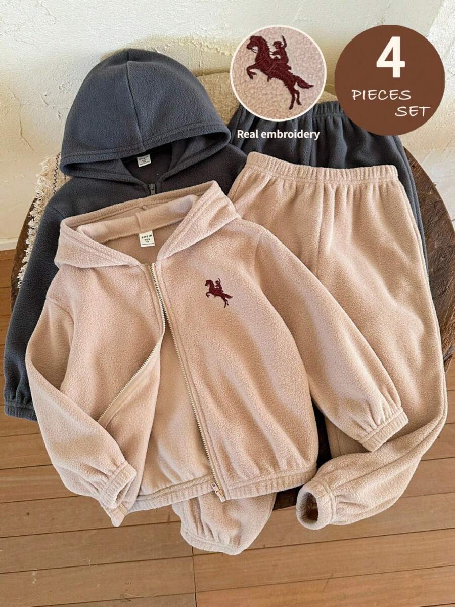 LMoss Kids LMoss 男童四件套针织纯色连帽外套和抽绳裤套装,舒适秋冬款式,秋冬舒适穿搭,冬季服装,舒适秋冬款式,连帽衫 - 彩色 - 查看 1