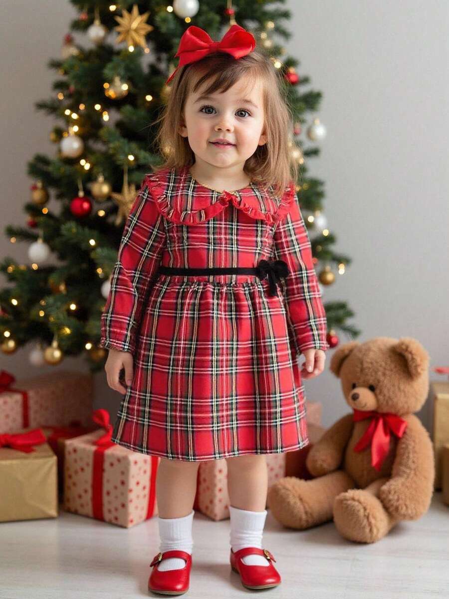 Playful Pals Baby Girl Red Plaid Velvet Bowknot Collar Lapel Back Button Long Sleeve Dress, Comfortable For Casual, Home, Outdoor Play, Versatile For Autumn/Winter - Red - View 1