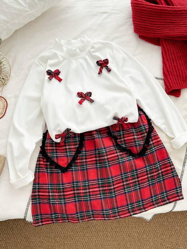 Genkimix Kids 2pcs Girls Sweet Outfit, White Turtleneck Ribbed Long Sleeve Top With Cute Red Bow Accent, Paired With Adorable Red Plaid Mini Skirt, Vintage Yet Fashionable. Easily Create A Sweet Academic Look For School, Daily Outings, Campus Wear, Suitable For Girls In Autumn/Winter, Christmas