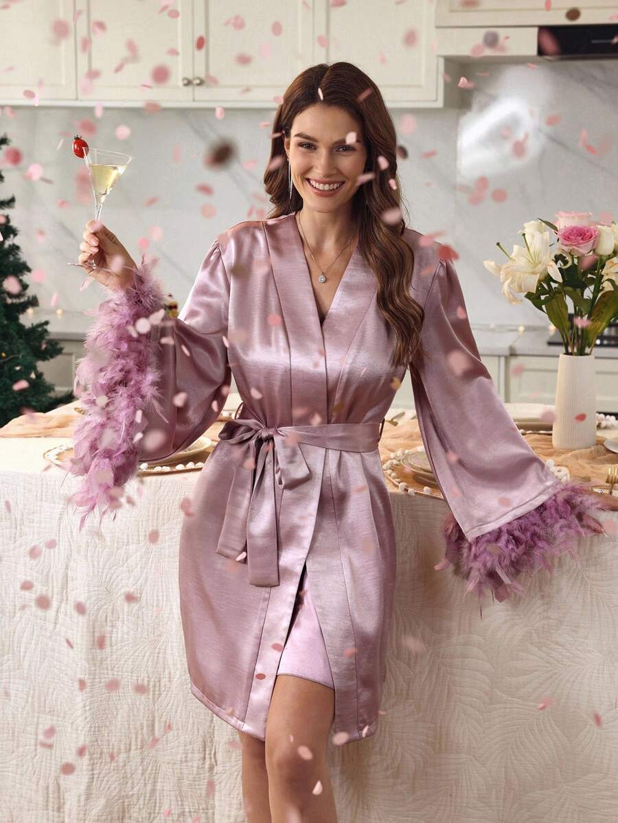 SHEIN Clasi Women's Autumn/Winter Long Sleeve V-Neck Flared Sleeve Feather Trim Cinched Waist Elegant Solid Color Shiny Fabric Regular Jacket - Dusty Pink - View 1