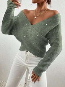 RueChic Crossover V-neck Loose Pearl Detail Sweater - Green - View 4
