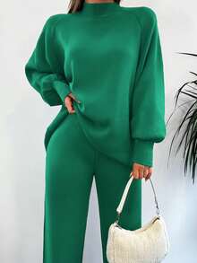 EURMUSE Mock Neck Raglan Sleeve Sweater & Knit Pants Without Belt - Green - View 3