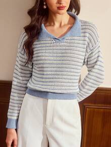 Vintamour 女士撞色条纹毛衣 冬季 圣诞节 感恩节 新年 - 藍色 - 查看 4