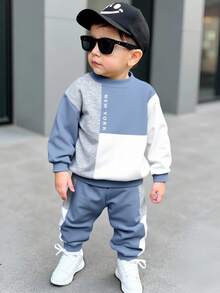 SHEIN 2pcs Baby Boy Color Block Letter Print Crew Neck Long Sleeve Top And Pants Casual Outfit