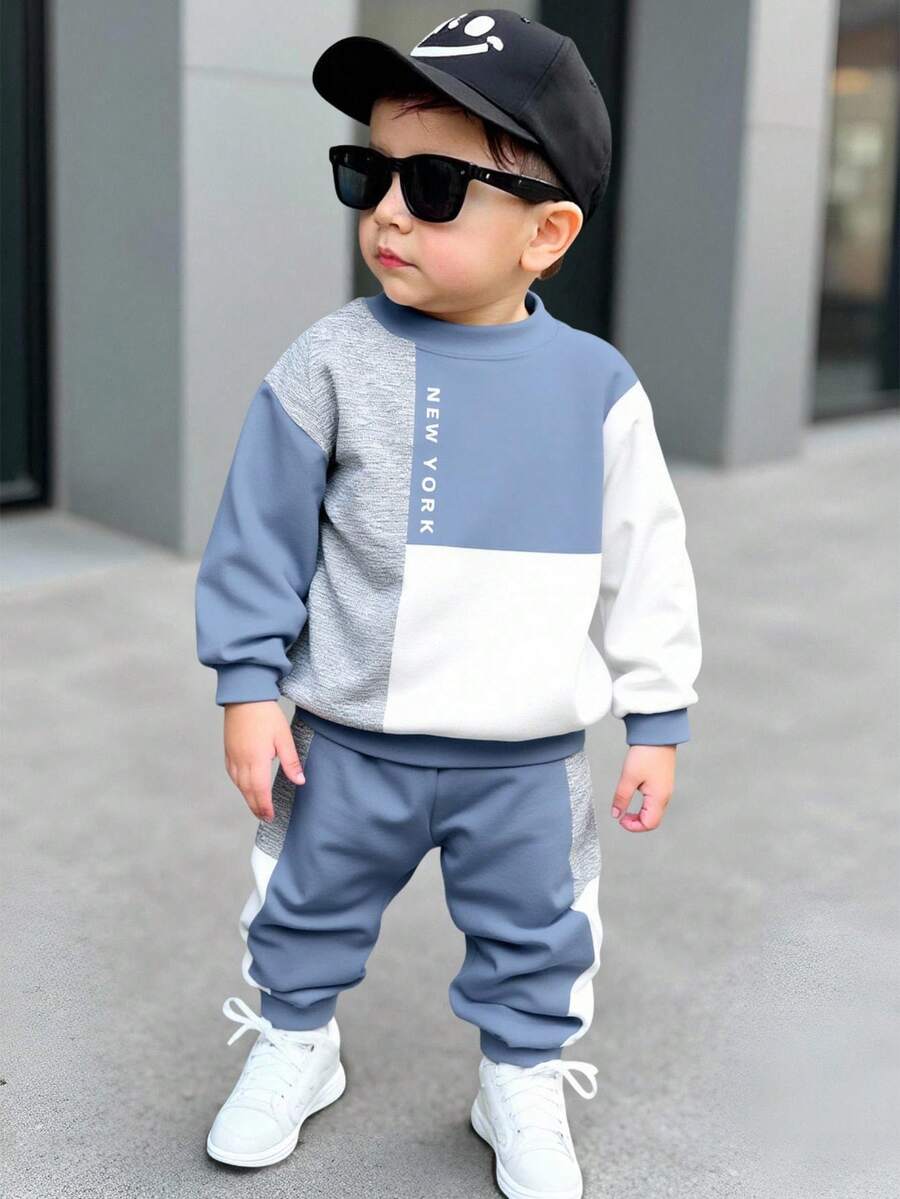 SHEIN 2 件套男婴彩色块字母印花圆领长袖上衣和裤子休闲装 - 彩色 - 查看 1