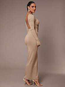 Silquee 女式基本款吊带裙，性感露背，腰部褶饰，亲肤，长袖，及地长裙 - 卡其色 - 查看 7