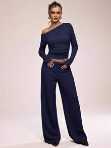 SHEIN BAE 1 Set Solid Color Asymmetric Collar Long Sleeve Top And Pants Suit - Navy Blue - View 4