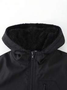 1件装青少年男童休闲简约拉链口袋连帽保暖外套，适合秋冬季日常通勤和外出穿着，加厚保暖内衬可内搭其他衣物。 - 黑色 - 查看 4