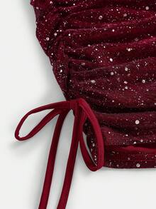 SHEIN Girlism Teen Girls' Wine Red Knit Metallic Thread Spaghetti Strap Ruched Waist Snug Fit Mini Party Dress,Red Dress,Christmas,Christmas Dress - Burgundy - View 3