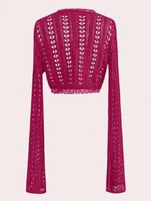 Celisse Women's Autumn Contrast Lace Flare Sleeve Front Tie Cropped Thin Cardigan - Red Violet - View 2