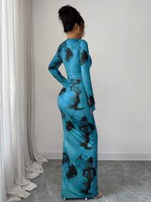 Elenzga Bộ 2 chiếc/Bộ thời trang nữ cổ tròn bó sát thanh lịch họa tiết nhuộm loang tay dài, bộ chân váy maxi bó sát họa tiết nhuộm loang - Nhiều màu - Xem 2