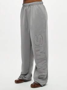 SUMWON WOMEN 贴花字母徽标运动裤抽绳腰部宽松休闲裤休闲街头慢跑裤 - 深灰色 - 查看 1