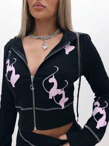 BABYPHAT 女士猫咪印花长袖拉链短款连帽衫 - 黑色 - 查看 1
