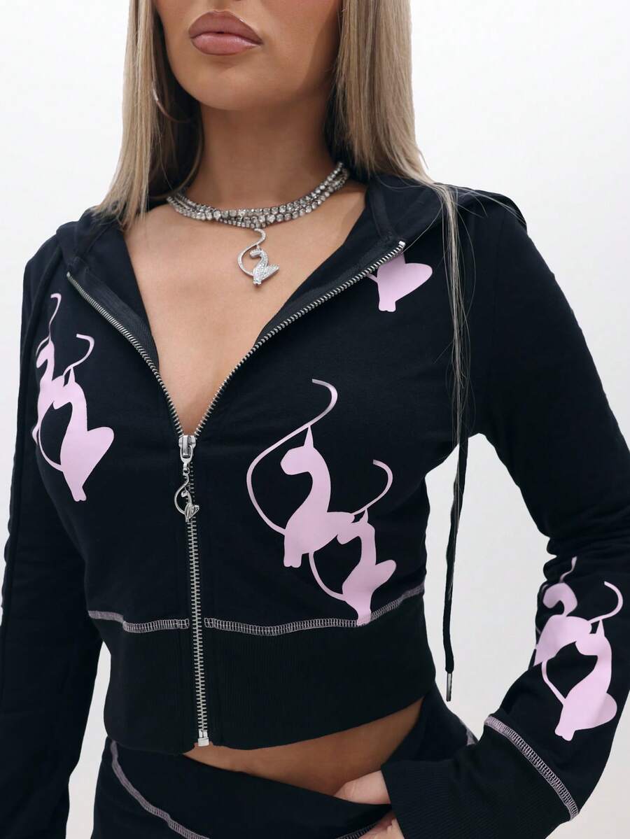 BABYPHAT 女士猫咪印花长袖拉链短款连帽衫 - 黑色 - 查看 1