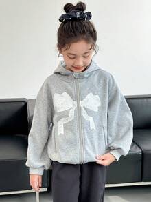 Genkimix Kids 少女蝴蝶印花长袖拉链连帽夹克，秋季休闲装 - 灰色 - 查看 3