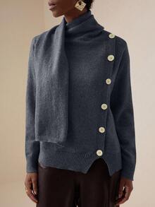 Lyxana Áo khoác cardigan dài tay cổ cao cài nút phía trước màu trơn dành cho nữ - Màu xám đen - Xem 4