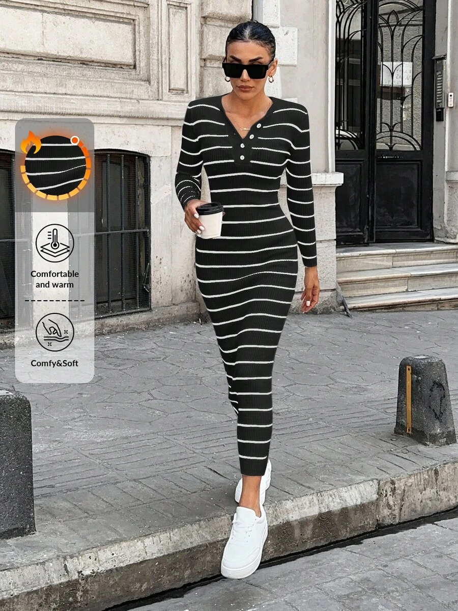 EURMUSE Ribbed Ribbed Knit V-Neck Bodycon Long Sleeve Dress - Black - View 1