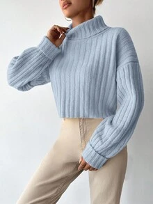EURMUSE Mock Neck Drop Shoulder Ribbed Knit Sweater - Baby Blue - View 3