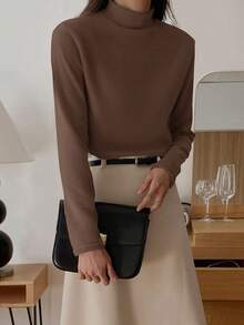 DAZY Women's Solid Color Stand Collar Long Sleeve Loose Casual T-Shirt, Autumn Turtleneck Women