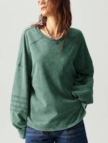 Bohemela Plusstorlek Enfärgad Rund Halsad Avslappnad Pullovertröja - Olivgrön - Visa 6