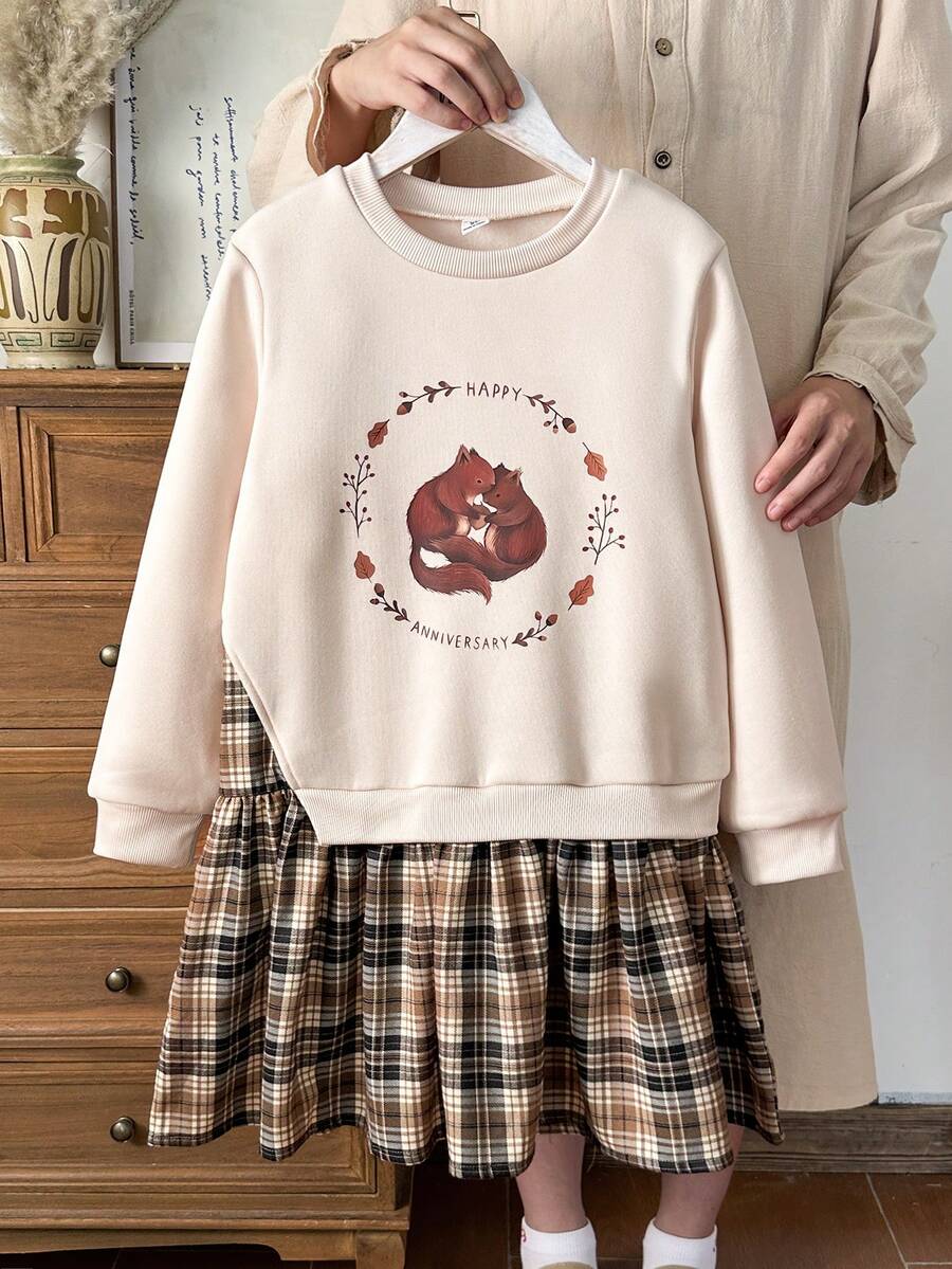 Vintaside Kids 女童彩色拼布圆领长袖套头连衣裙，运动衫格子设计，可爱动物印花，修身剪裁，适合外出、休闲、运动、生日派对 - 彩色 - 查看 1
