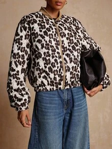 Vesra Nuovo cappotto imbottito da donna in stile casual e alla moda per l'autunno/inverno, con collo rotondo, cerniera metallica, motivo trapuntato a diamanti leopardato - Multicolore - Visualizzare 4