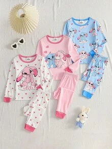 3pcs Girls Pajama Set, Cute Rabbit Print Snug Fit Round Neck Long Sleeve Top And Long Pants, Sleepwear Outfit - Multicolor - View 3